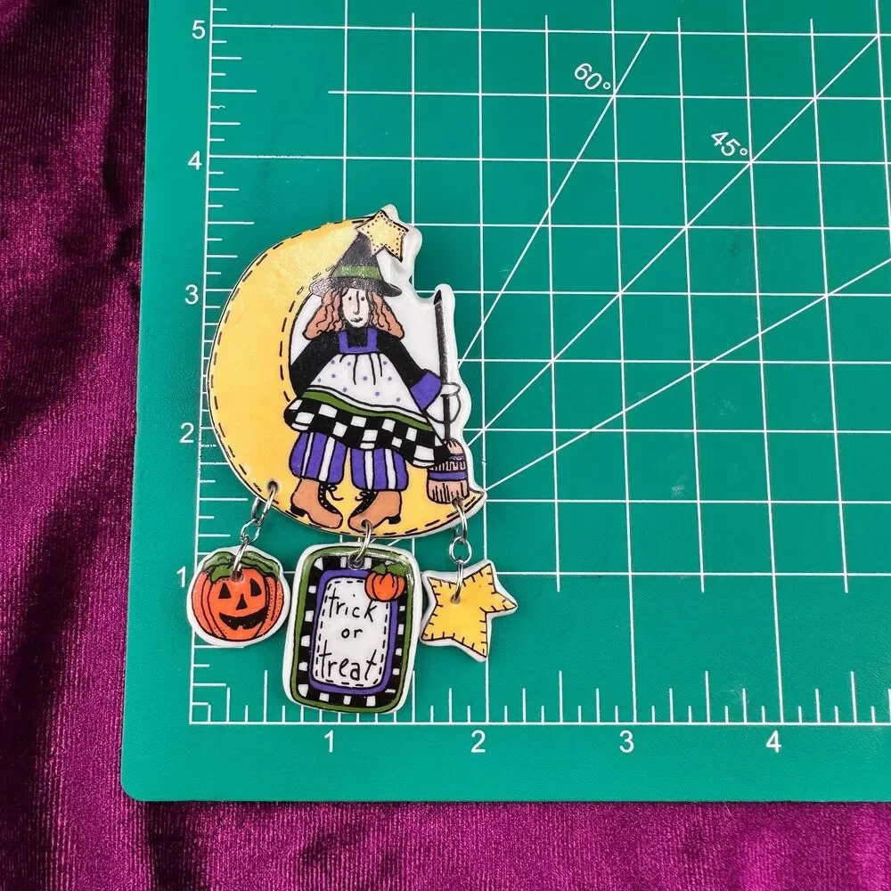 Vintage Halloween Brooch Pin Cute Witch on Moon Trick or Treat Pumpkin Star